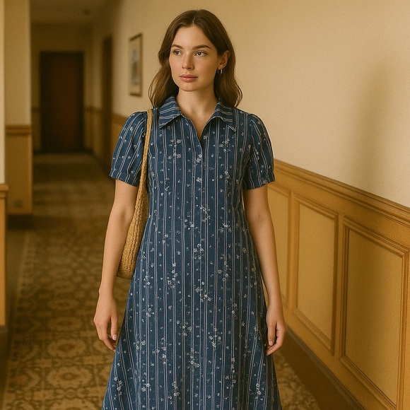 Vintage 70s Navy Floral Stripe A-Line Dress with Puff Sleeves - Picture 2 of 10